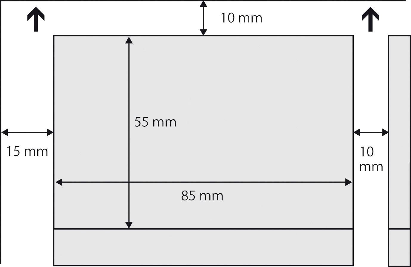 Rechteckige Skizze mit Maßen: 85 mm Breite, 55 mm Höhe. Oben und rechts Pfeile mit 10 mm, links Pfeil mit 15 mm Abstand.