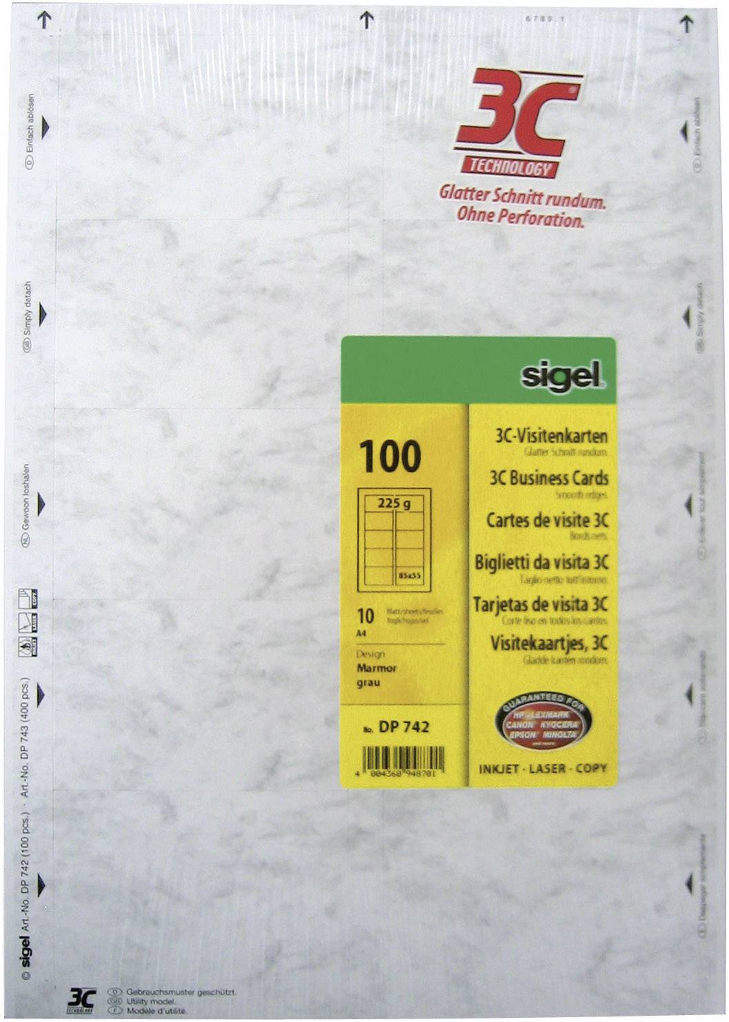 Sigel DP742 Bedruckbare Visitenkarten, glatte Kanten 85 x 55 mm Marmor-Grau 100 St.