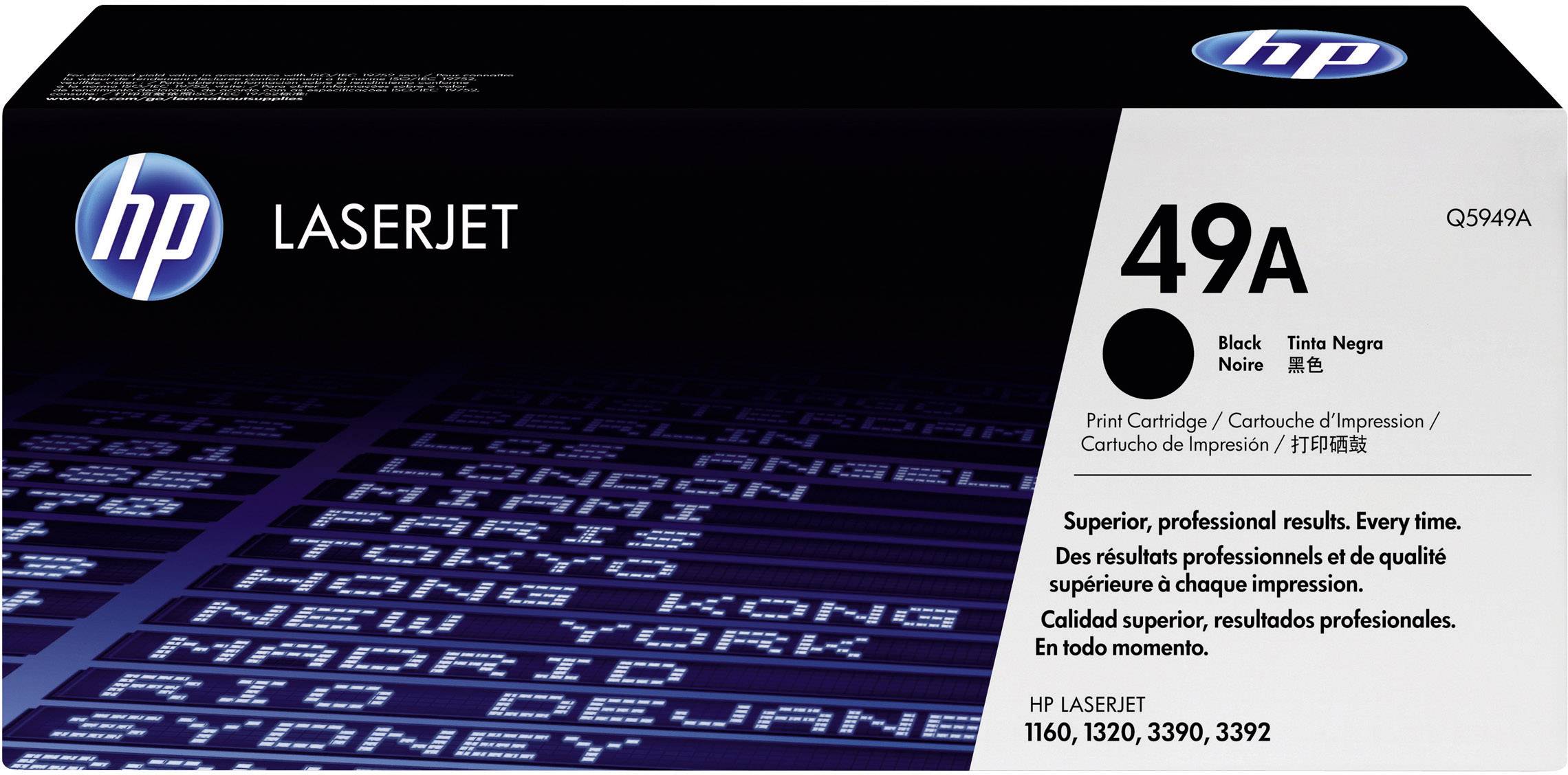 Eine schwarze HP LaserJet 49A Druckerpatrone, geeignet für Modelle 1160, 1320, 3390, 3392. Text auf der Verpackung betont professionelle Druckqualität.