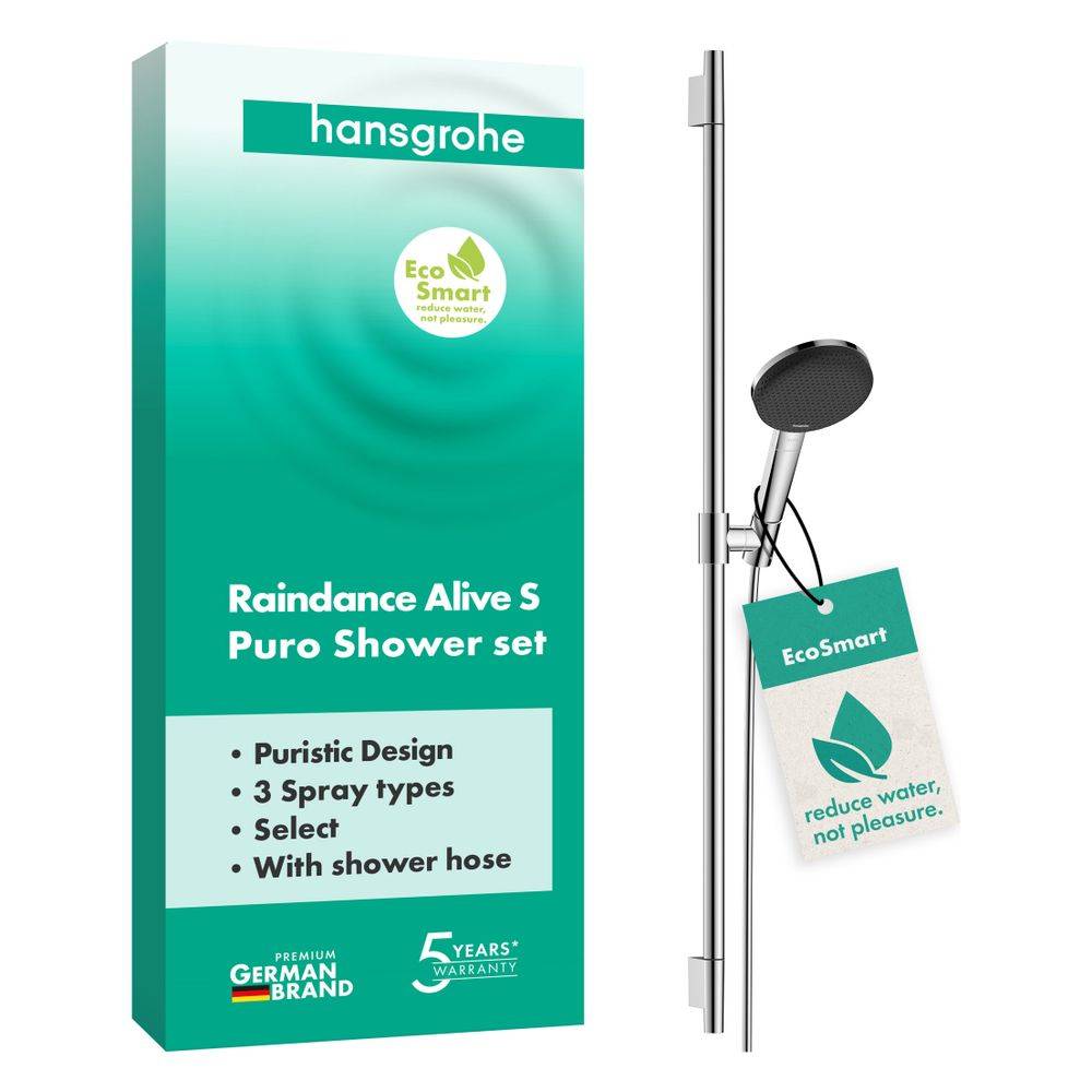 Hansgrohe Raindance Alive Select S Brauseset 125mm 7,1l/min 3jet EcoSmart, Brausestange Unica Puro 90cm, Chrom