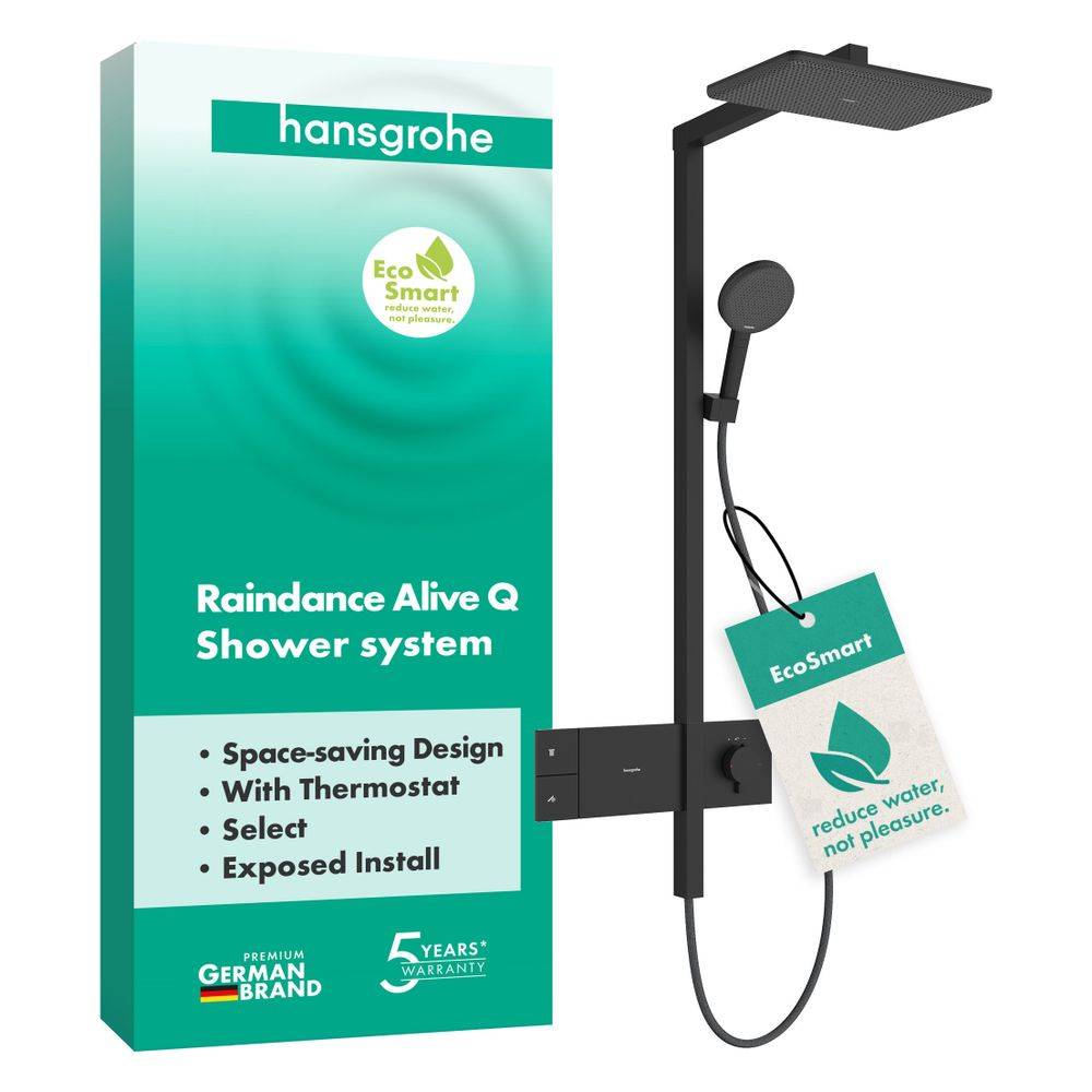 Hansgrohe Raindance Alive Q Showerpipe Duschsystem 210x340mm, 1jet EcoSmart, ShowerSelect Comfort, Mattschwarz