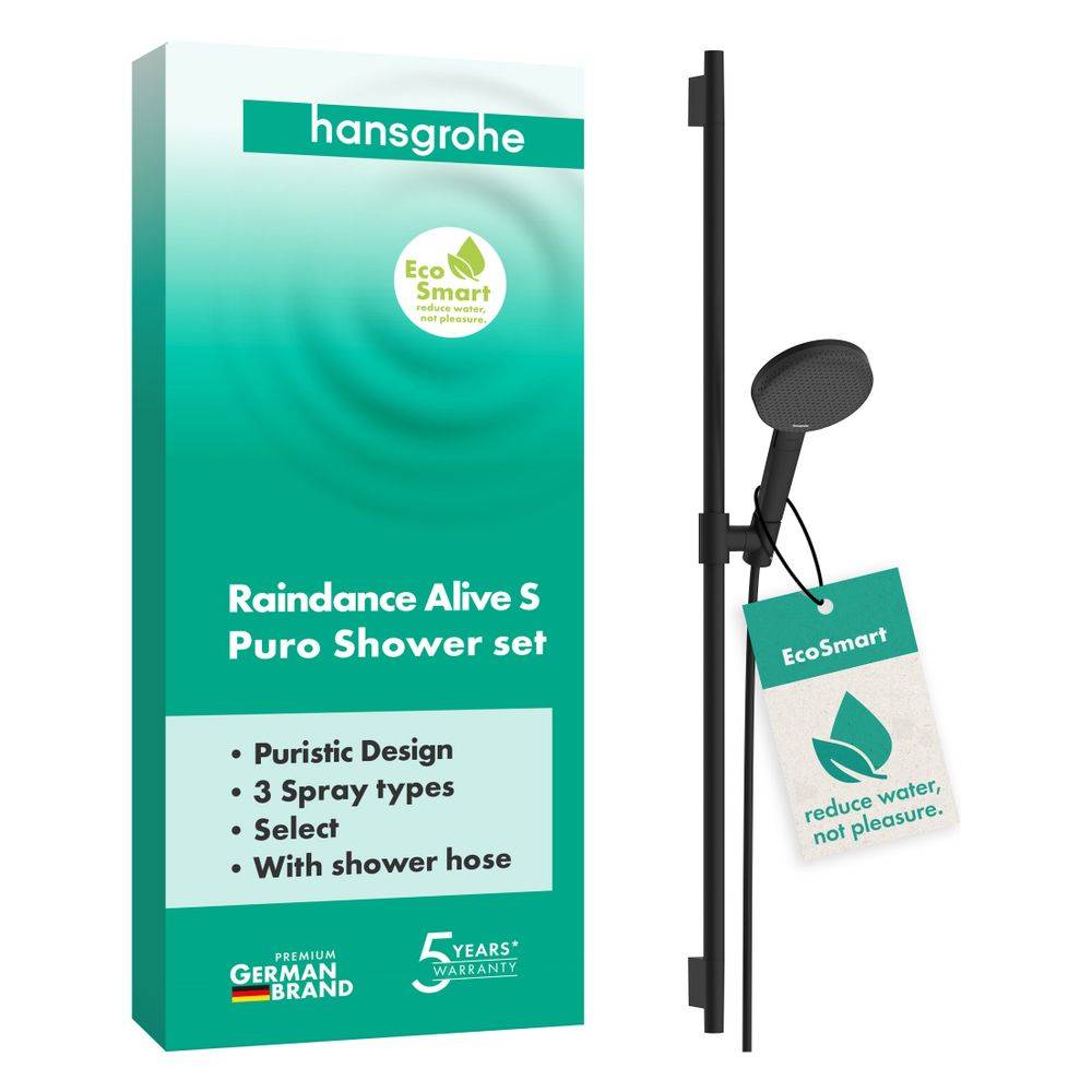Hansgrohe Raindance Alive Select S Brauseset 125mm, 7,1l/min, 3jet EcoSmart, Brausestange Unica Puro 90cm, Mattschwarz
