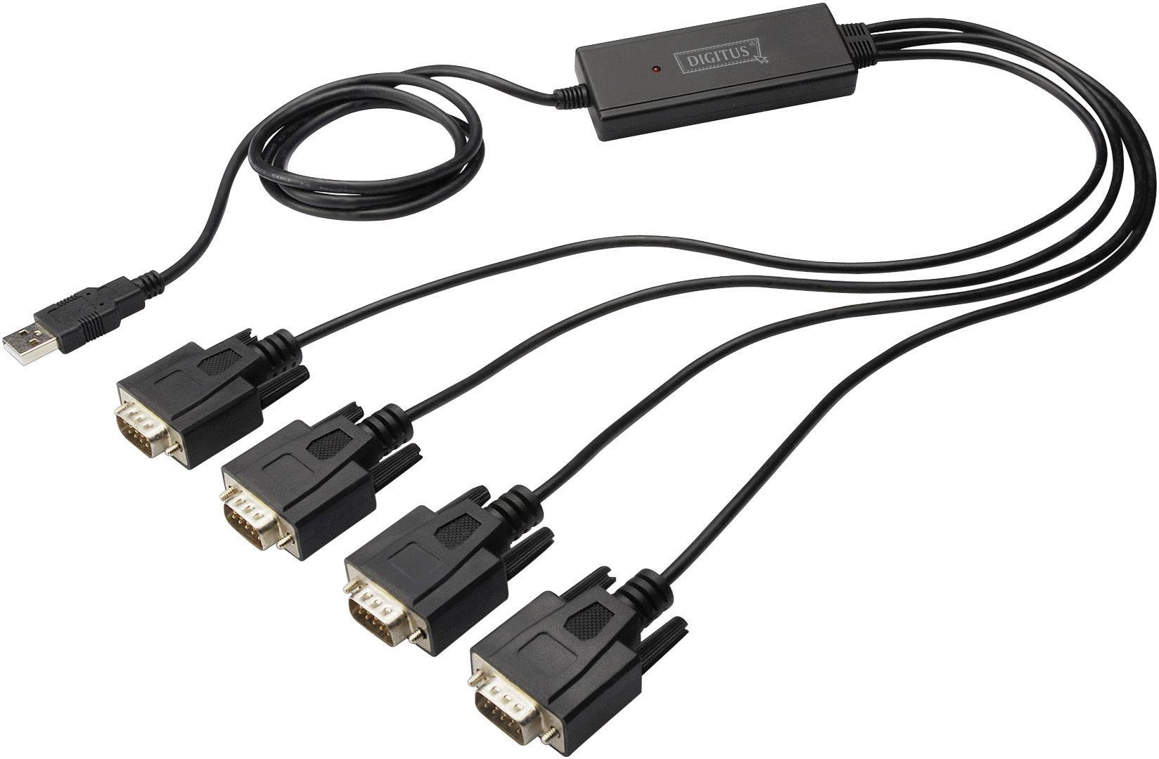 USB-zu-4-Port-Seriell-Adapter mit vier RS232-Steckern, geeignet für den Anschluss mehrerer serieller Geräte an einen Computer.