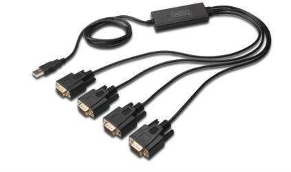 Ein USB-zu-VGA-Adapter mit einem USB-Stecker und vier VGA-Steckern, geeignet zum Anschließen mehrerer Bildschirme an einen PC.