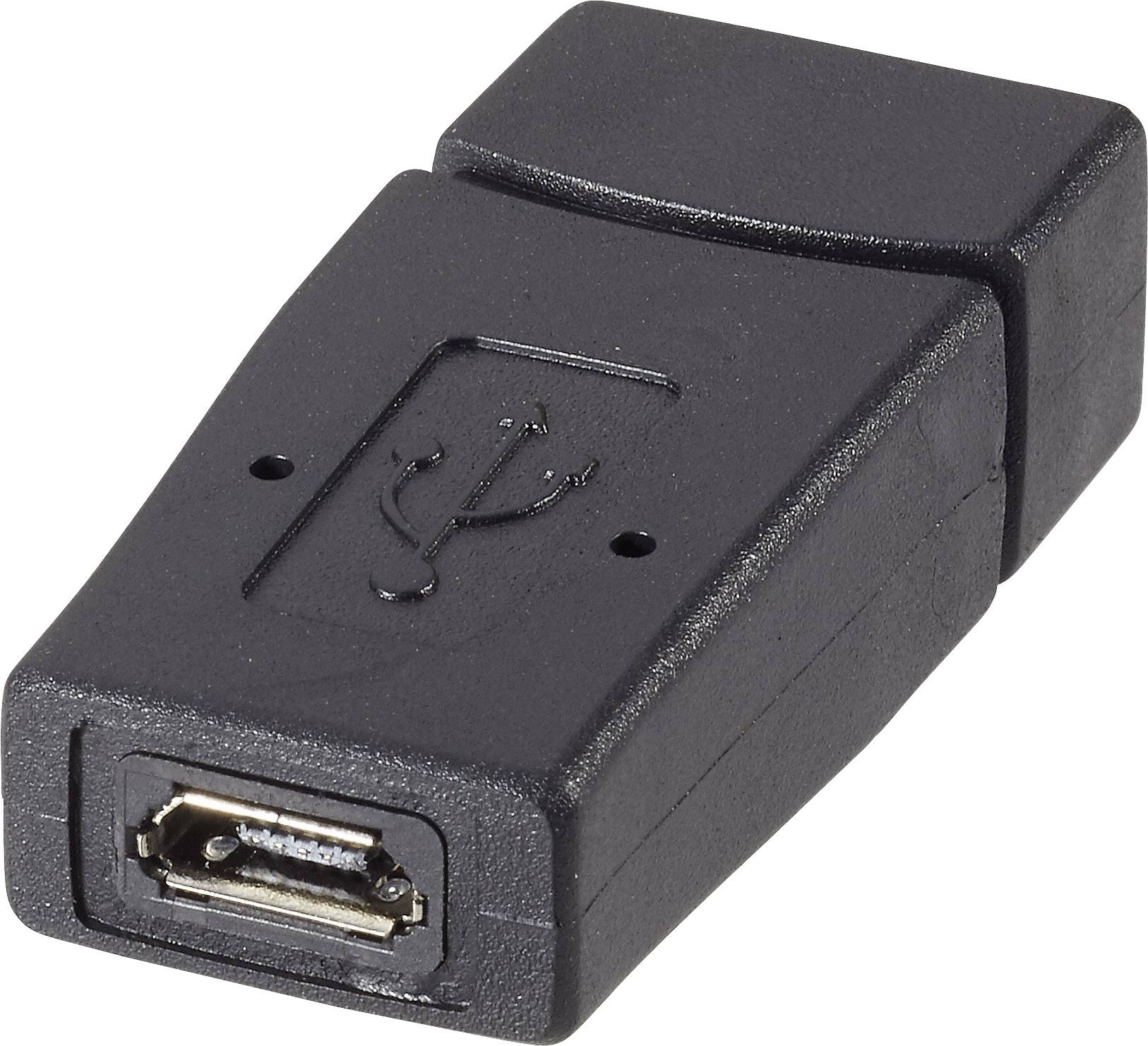 Ein schwarzer USB-Adapter mit einem Mini-USB-Anschluss auf einer Seite und einer USB-A-Buchse auf der anderen Seite.