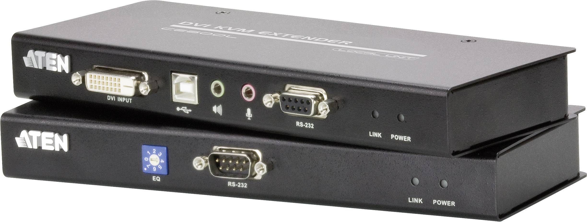 'ATEN DVI KVM Extender' Geräte mit mehreren Anschlüssen, darunter DVI, USB und RS-232. Hauptfunktionen: Verlängerung von KVM-Signalen.