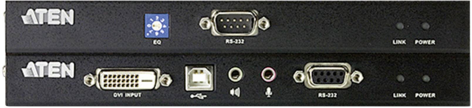 Zwei Geräte mit mehreren Anschlussmöglichkeiten, darunter RS-232, DVI, USB, Audio und EQ-Anschlüsse, sowie Link- und Power-LEDs.