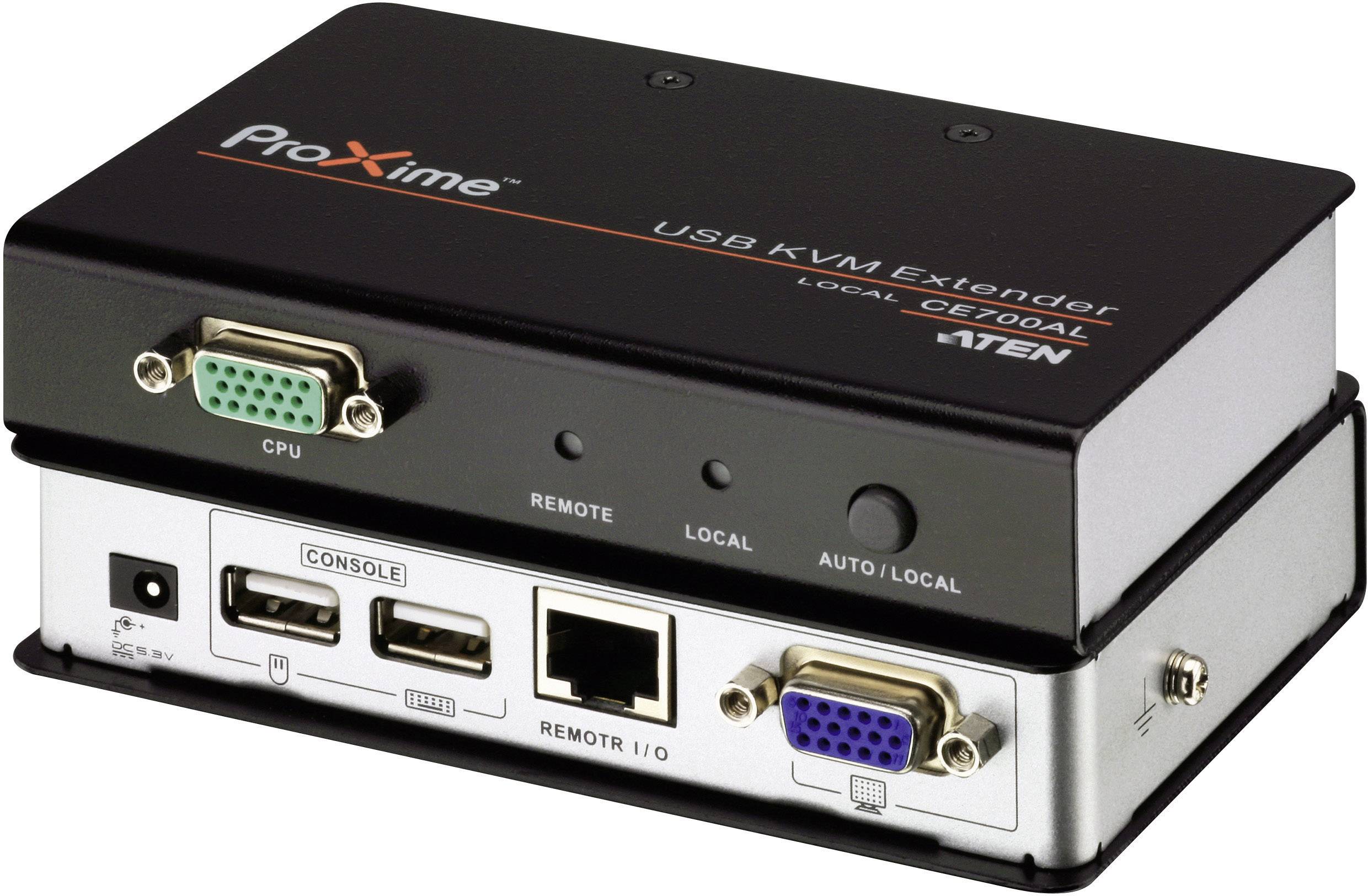 Ein USB-KVM-Extender von ProXime, Modell CE700AL, zeigt Vorder- und Rückseite. Ports für VGA, USB, Remote I/O und AUTO/LOCAL sind sichtbar.