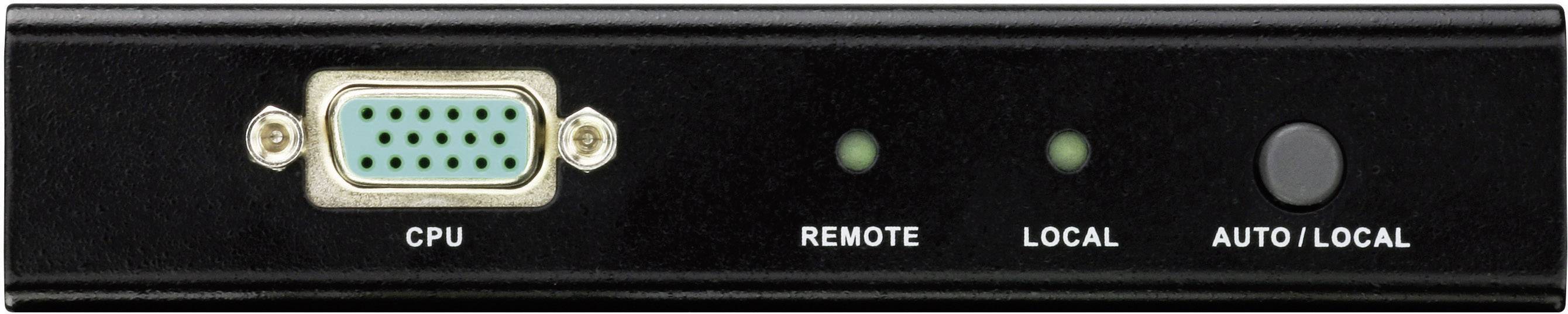 Ein schwarzer KVM-Switch mit VGA-Anschluss und Tasten für 'Remote', 'Local' und 'Auto/Local'. Lichter zeigen den aktiven Modus.