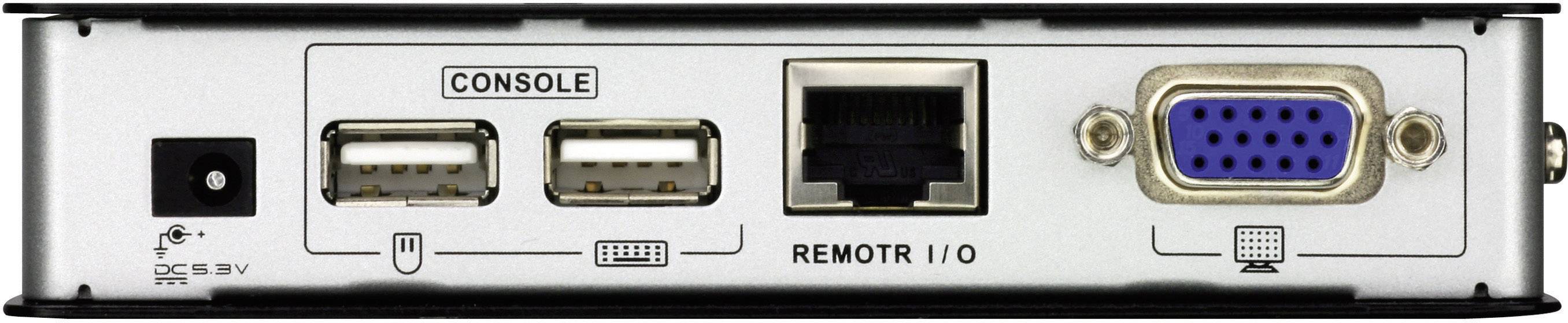 Rückseite eines elektronischen Geräts mit Anschlüssen: Strom, zwei USB, Konsolenport, Ethernet 'REMOTE I/O' und VGA.