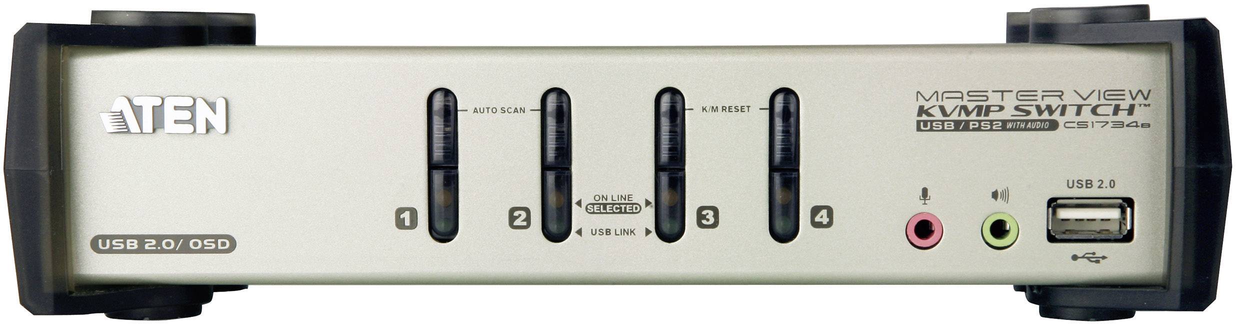 Ein silberner KVM-Switch von Aten mit vier Tasten für die Auswahl zwischen angeschlossenen Computern. USB und Audio-Anschlüsse sind vorne sichtbar.