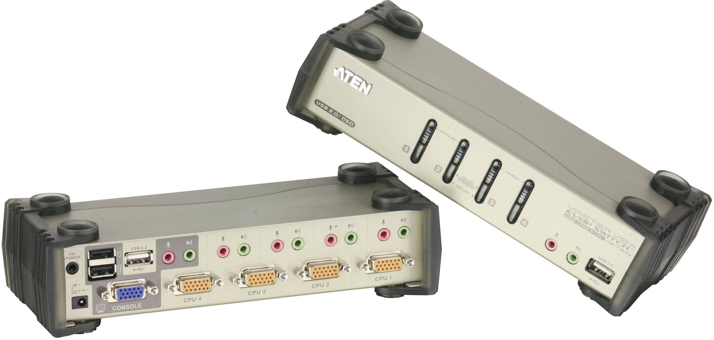 Zwei mehrportige KVM-Switches mit VGA-, USB- und Audioanschlüssen. Sie ermöglichen die Steuerung mehrerer Computer über eine Konsole.