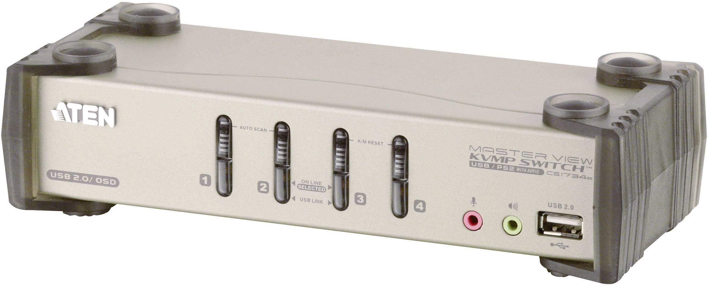 'ATEN KVMP Switch': Ein Gerät mit vier USB-Ports, Audio-Anschlüssen und Schaltern zur Verwaltung mehrerer Computer von einem Monitor aus.