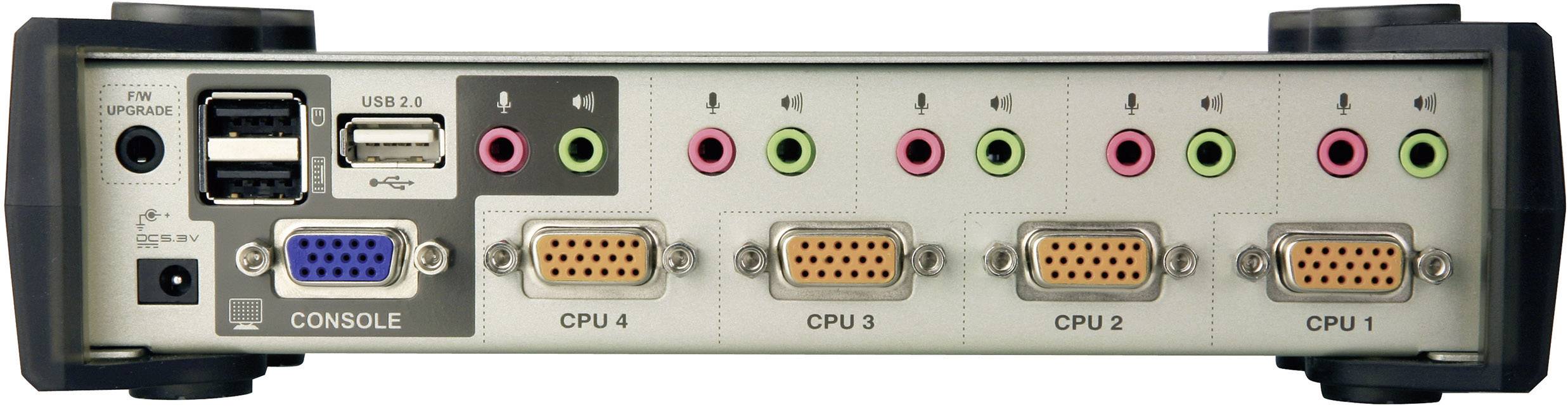 Rückansicht eines KVM-Switches mit vier VGA- und USB-Anschlüssen zur Verbindung von Computern, sowie Audiobuchsen und Konsolenanschluss.