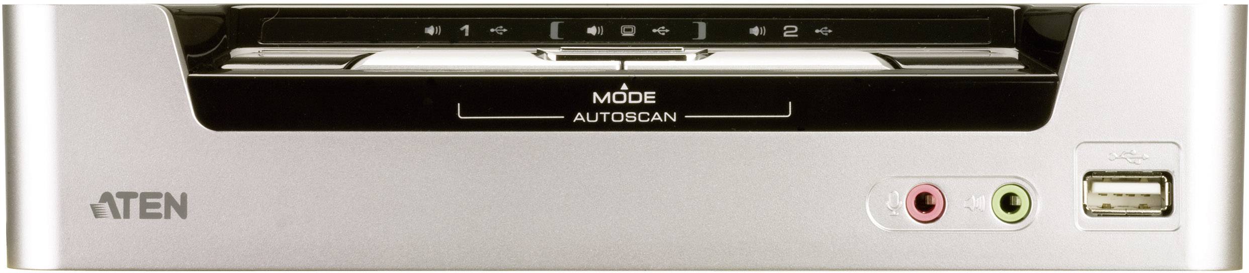 Der Bildausschnitt zeigt die Vorderseite eines elektronischen Geräts, vermutlich ein KVM-Switch, mit USB- und Audioanschlüssen.