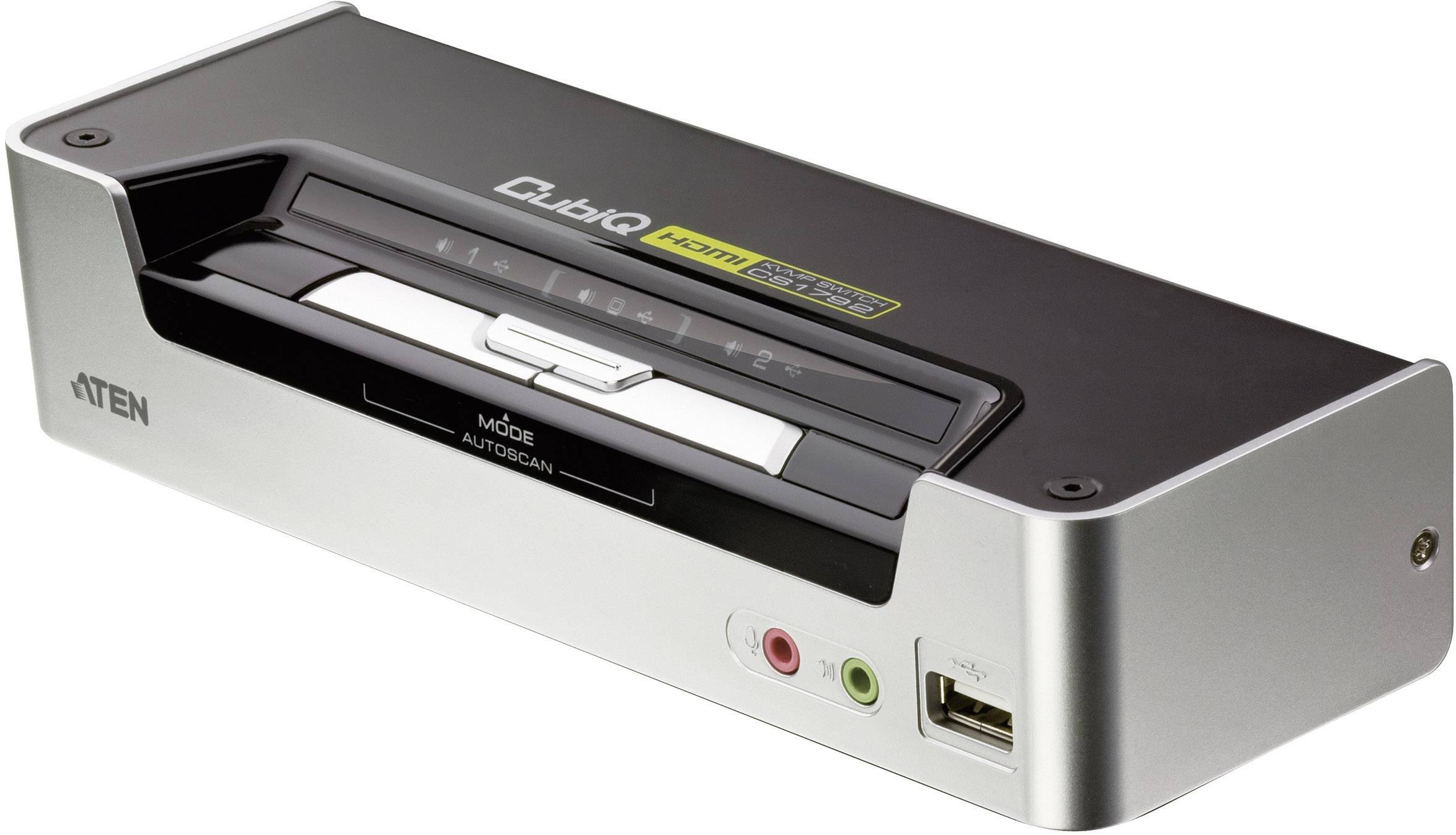 Eine schwarze und silberne Multimedia-Dockingstation mit HDMI und mehreren Anschlüssen, geeignet für Audio- und Videoverbindungen.