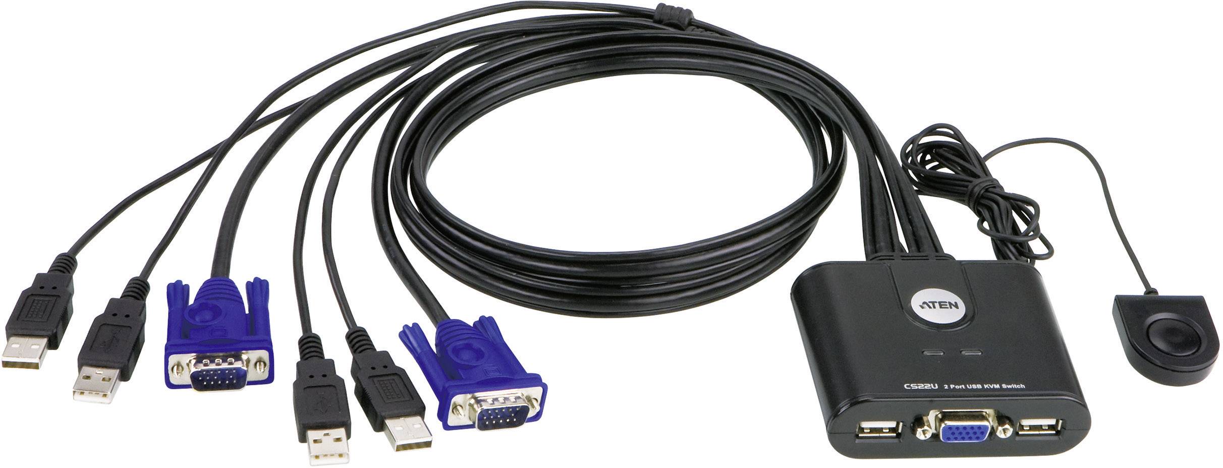 Ein KVM-Switch mit vier VGA- und USB-Kabeln, verwendet für den Anschluss mehrerer Computer an einen einzigen Monitor oder Tastatur.