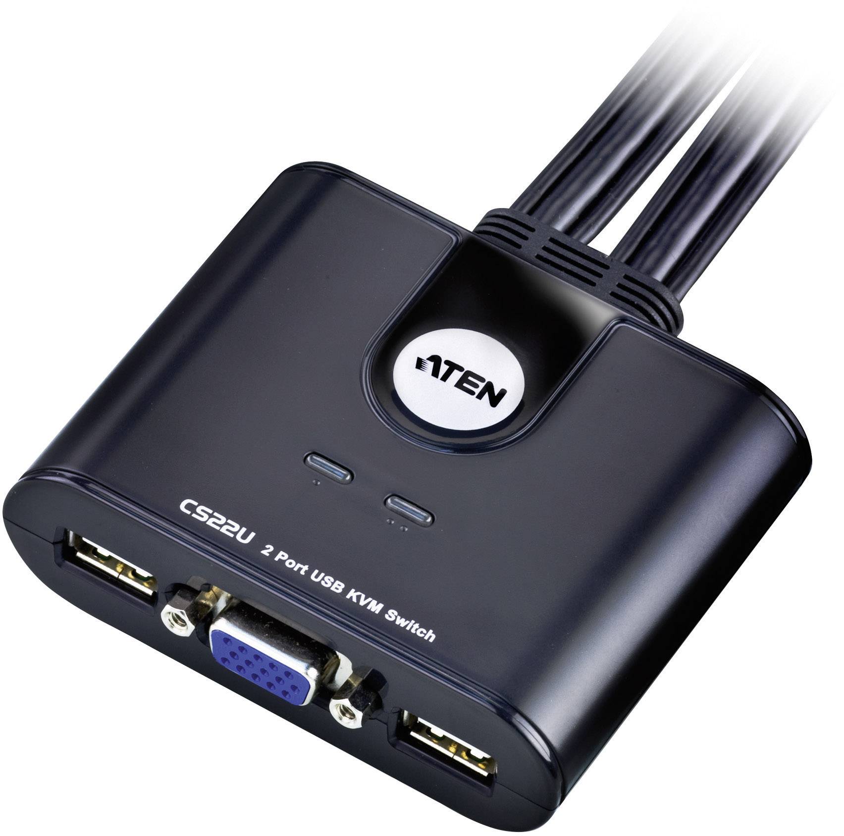 Ein schwarzer ATEN 2-Port USB KVM-Switch mit Kabeln. Zwei USB- und ein VGA-Anschluss sind sichtbar. Modellnummer: CS22U.