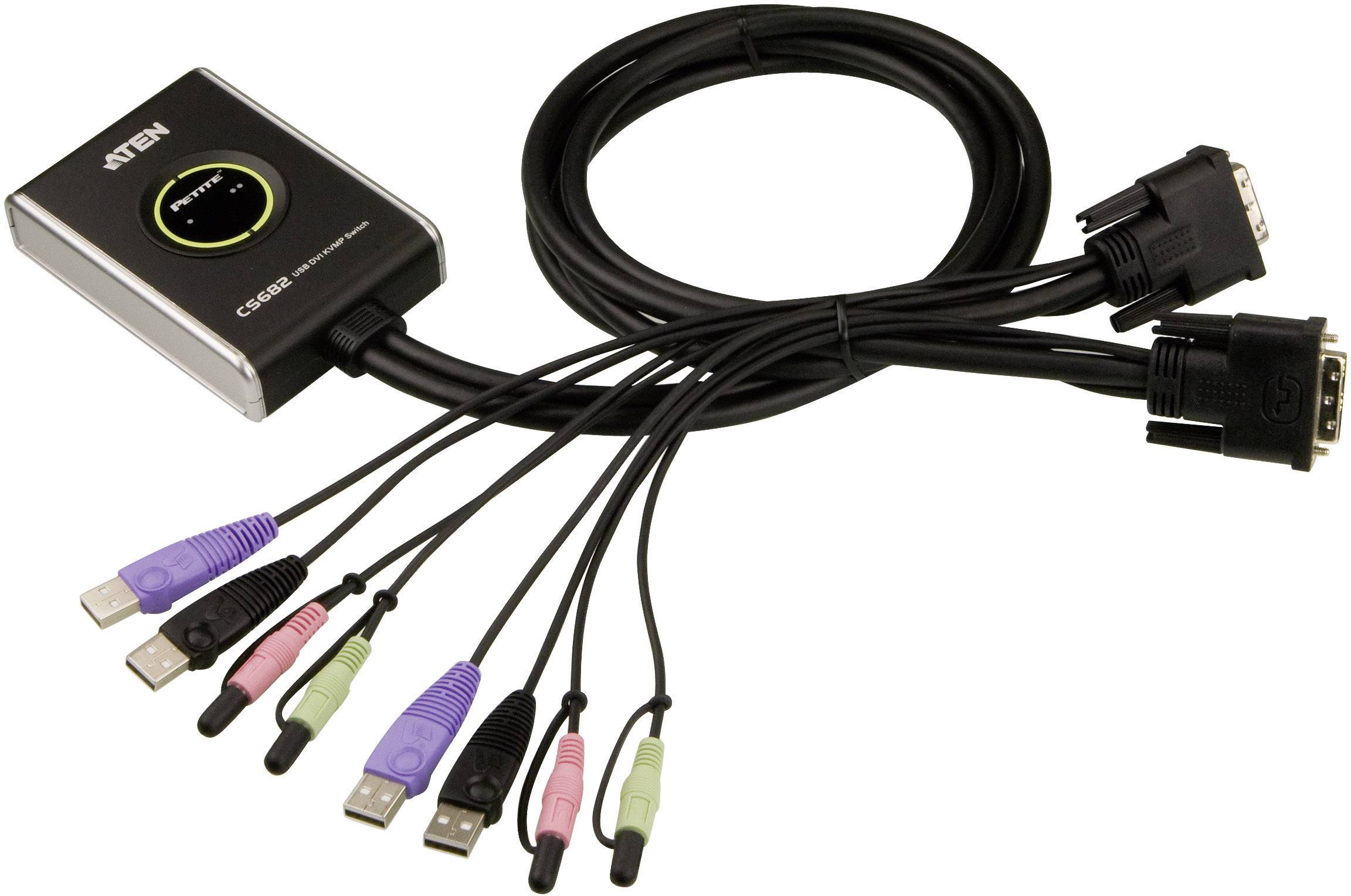 Mehrfachanschlusskabel für Computer, bestehend aus VGA-Anschlüssen, USB-Steckern und Audio-Klinkensteckern, verbunden durch einen schwarzen Kasten.