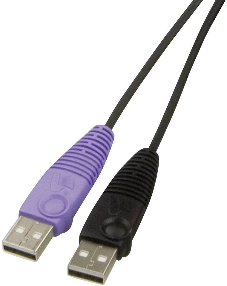 Zwei USB-Stecker, lila und schwarz, an einem Kabel. Der lila Stecker befindet sich links, der schwarze rechts.