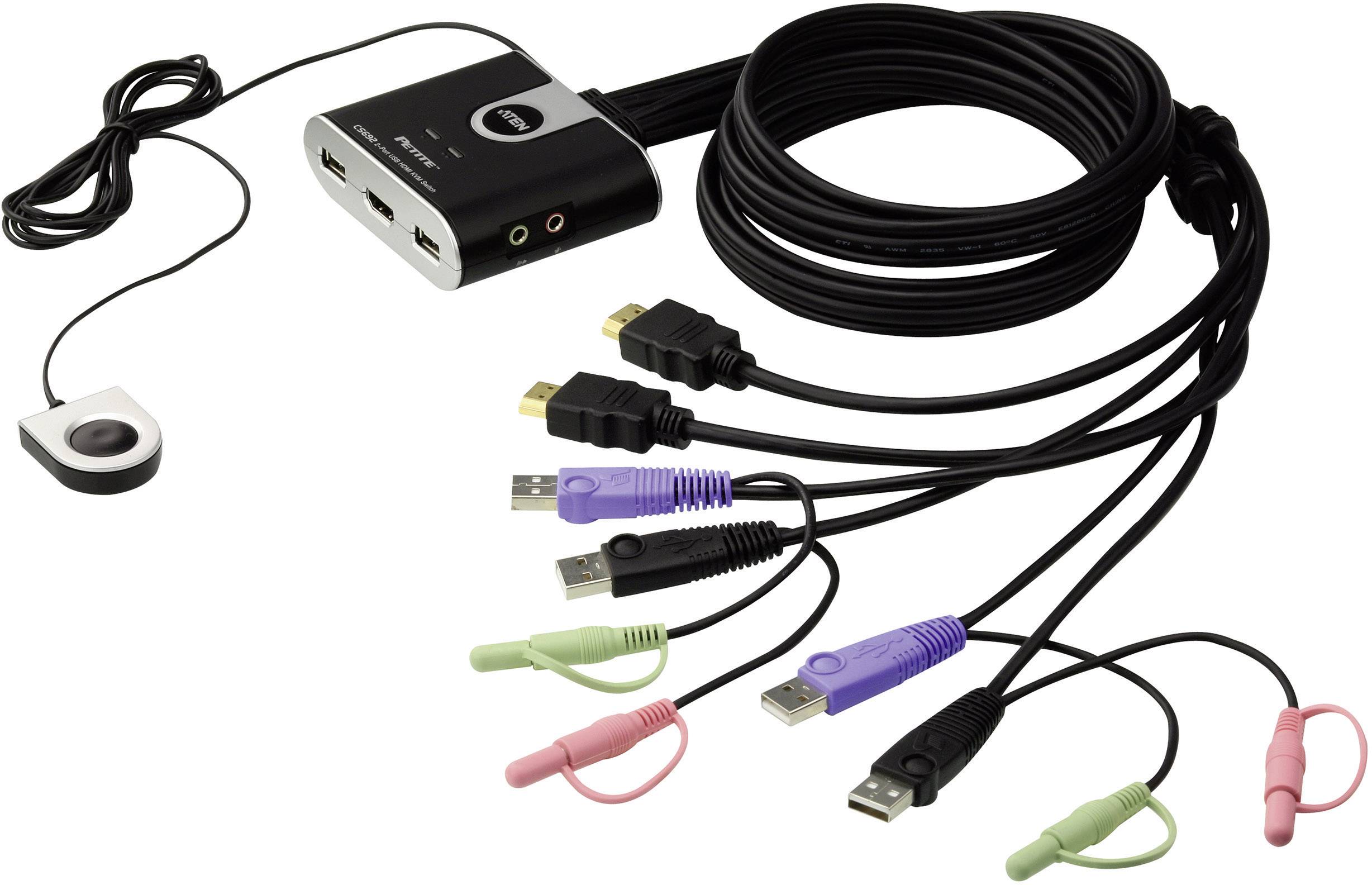 Ein schwarzer KVM-Switch mit mehreren angeschlossenen Kabeln, darunter USB, HDMI und Audioanschlüsse, zur Verbindung mehrerer Geräte.