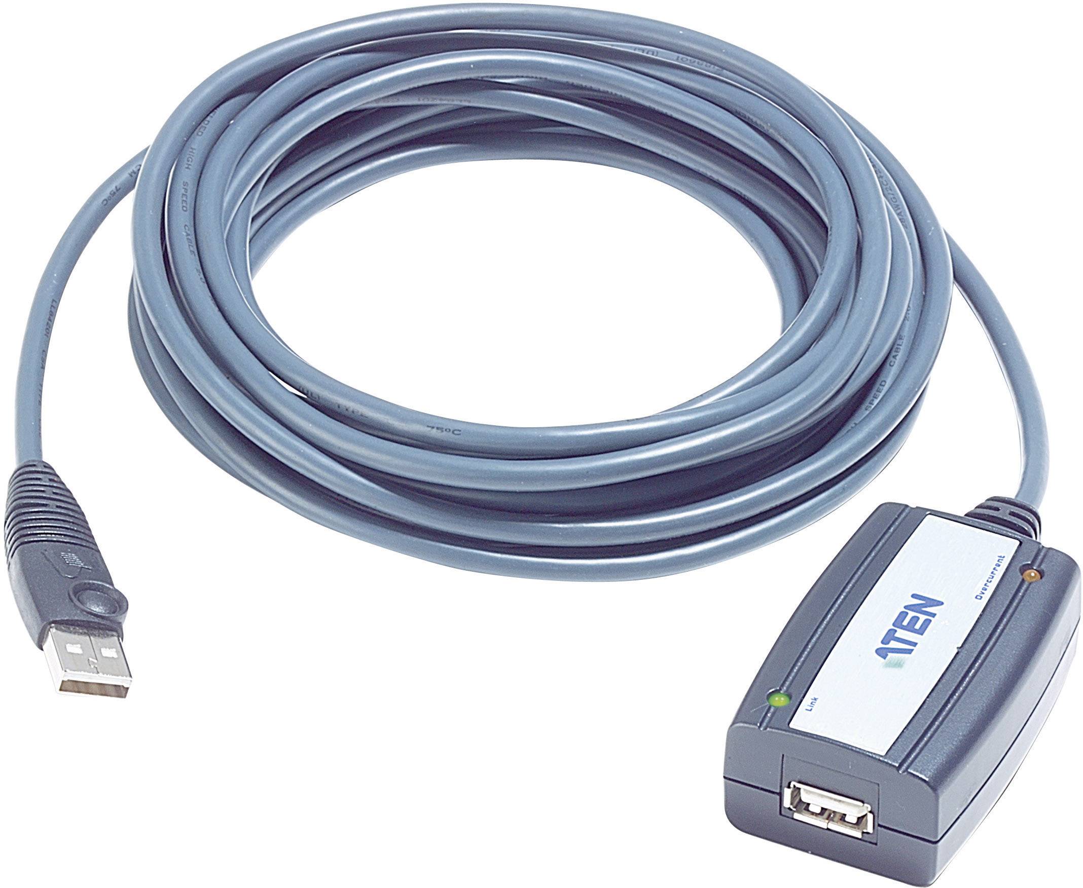 USB-Verlängerungskabel mit Steckern, etwa zwei Meter lang, mit integriertem Verstärker, verwendet für lange USB-Verbindungen.