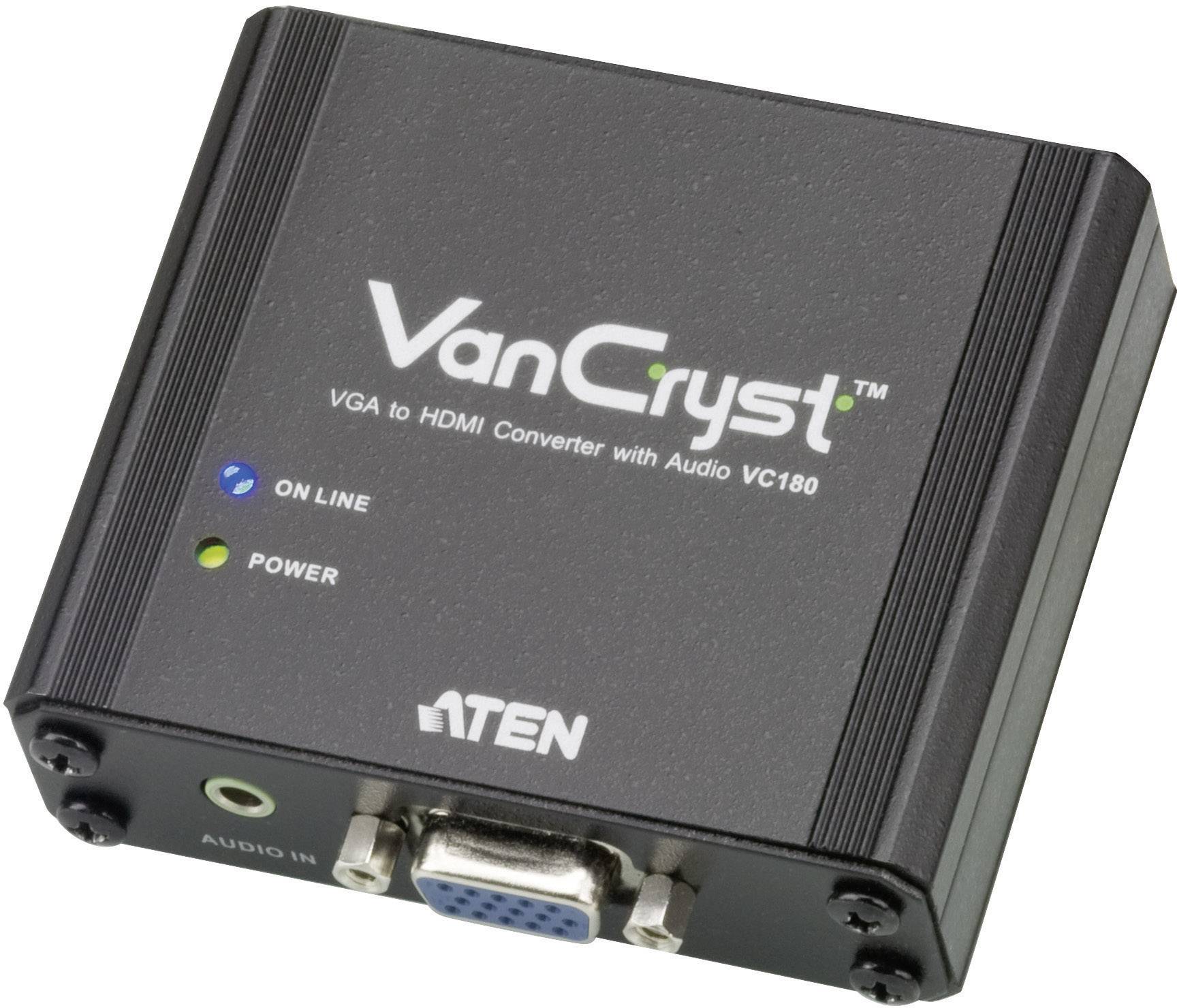 Ein VGA-zu-HDMI-Konverter von ATEN mit Audioanschluss, Modell VC180. Zeigt Status-LEDs für 'Online' und 'Power' an der Vorderseite.