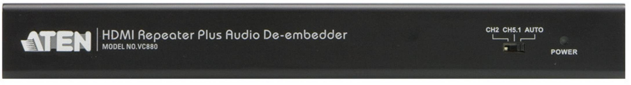 Schwarzes elektronisches Gerät mit der Aufschrift 'ATEN HDMI Repeater Plus Audio De-embedder Model VC880'. Ein Schalter mit Optionen 'Off', '6dB', 'Auto' ist rechts neben einer Power-Anzeige.