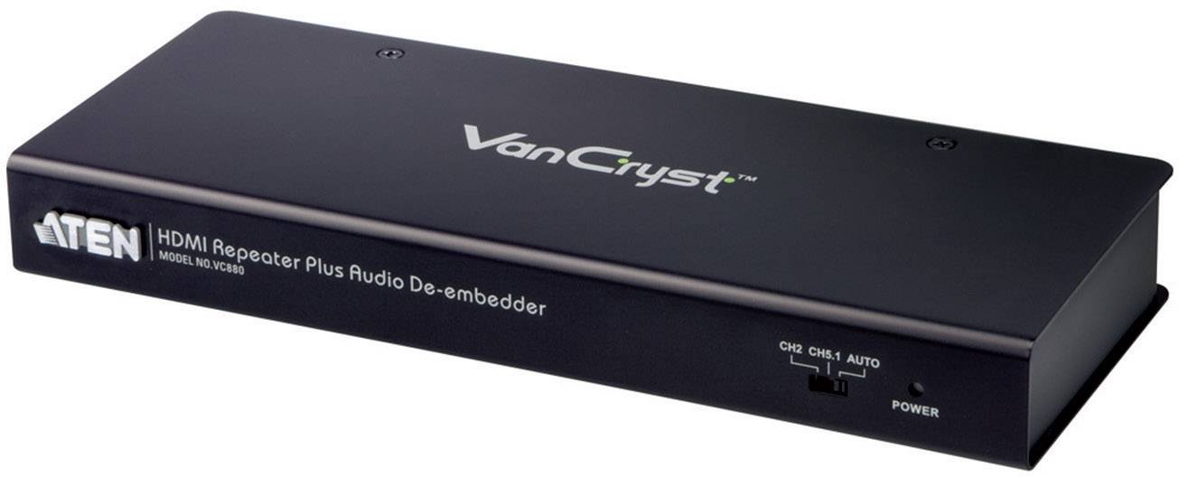 HDMI-Repeater mit Audio-Decoder-Funktion, Marke ATEN, Modell VanCryst. Kompaktes schwarzes Gerät mit Anschlüssen für Audio- und HDMI-Kabel.