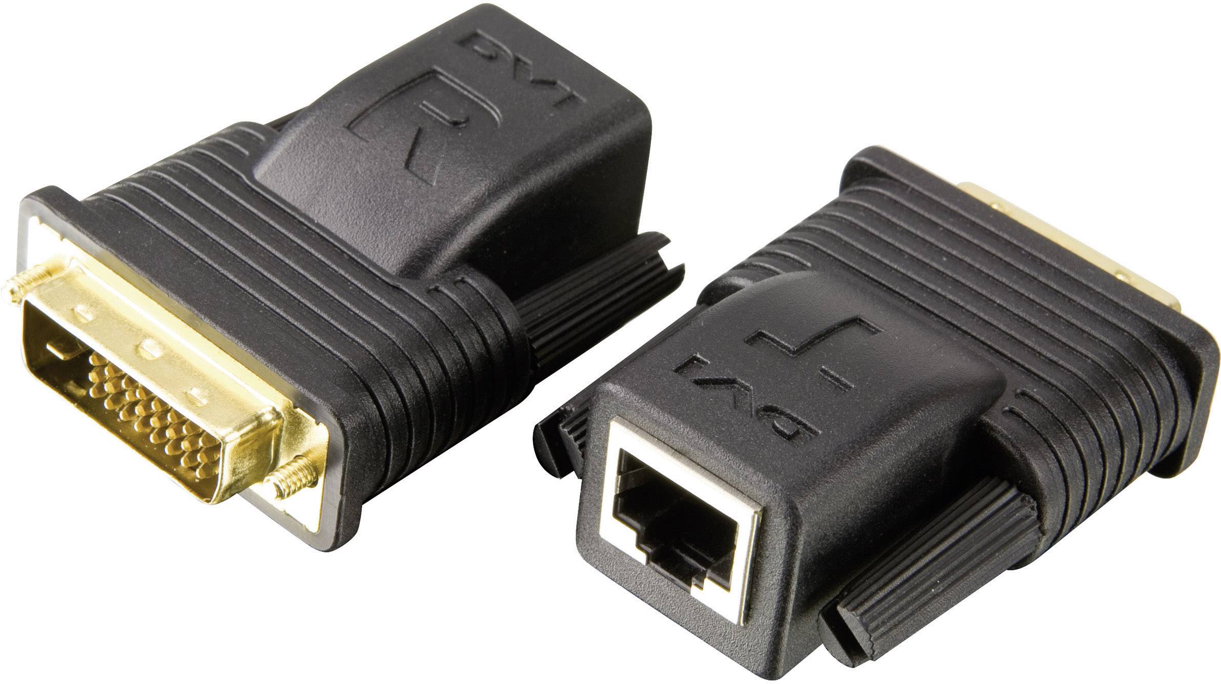 Zwei schwarze Adapter: links ein DVI-Stecker mit vielen goldenen Pins, rechts ein DVI-Buchse mit einem Netzwerkanschluss.