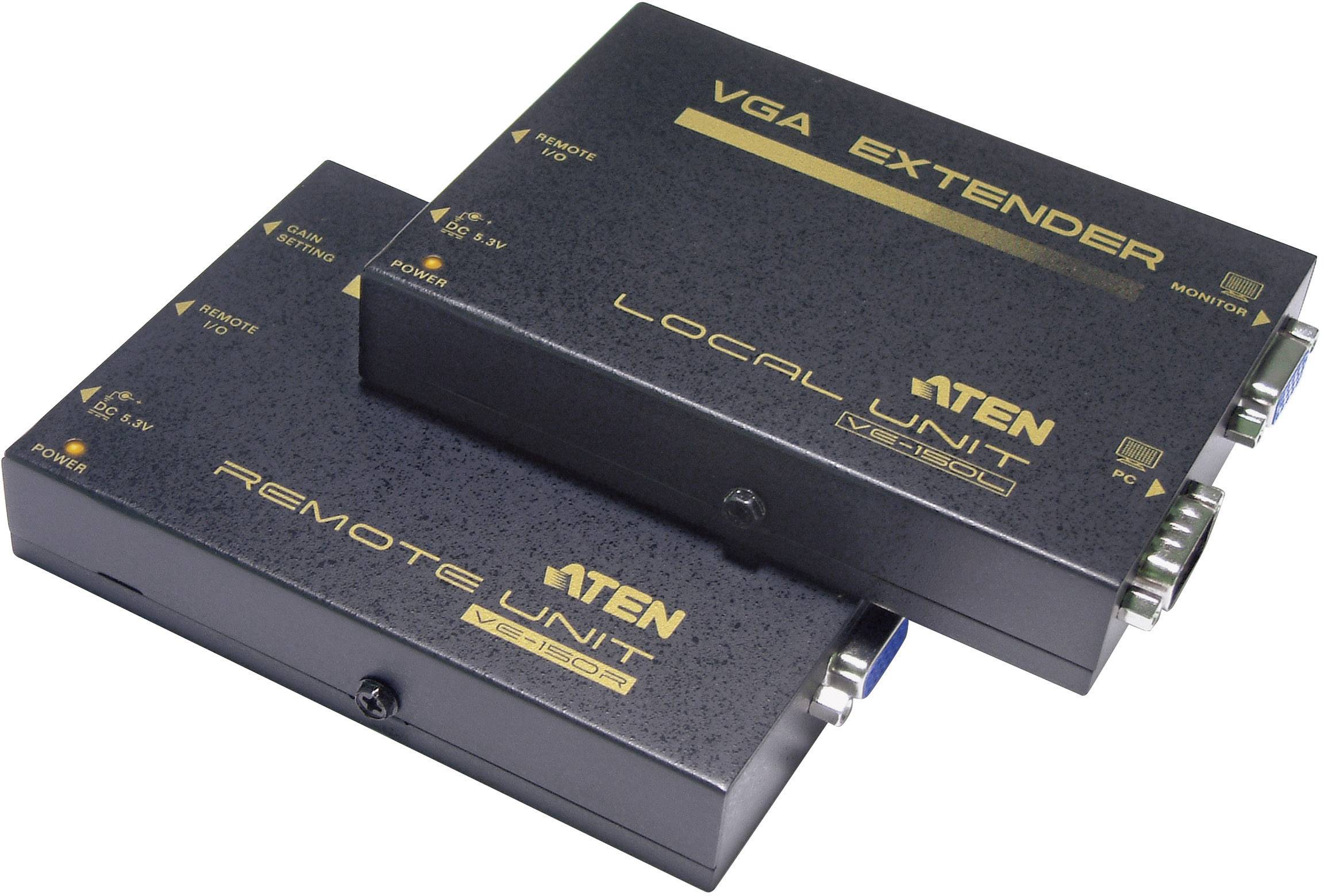'VGA Extender' von ATEN, bestehend aus zwei Einheiten: 'Local Unit' und 'Remote Unit'. Beide haben VGA- und Stromanschlüsse.