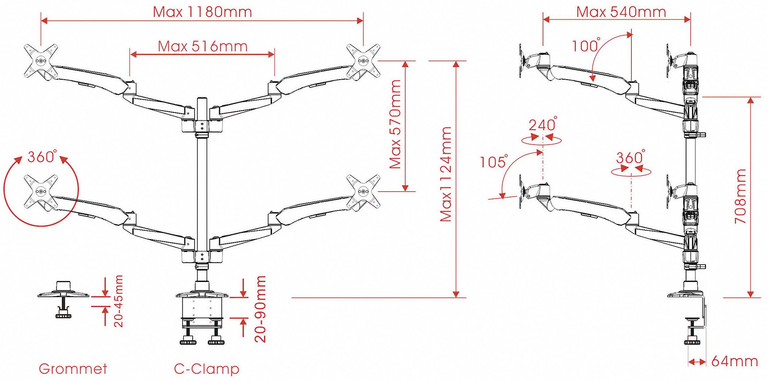 'Montage von Monitorarmen' zeigt zwei Konfigurationen: Grommet- und C-Clamp-Halterung. Maße, Neigung (±90°), Schwenk (±180°), Rotationswinkel (360°) sind angegeben.