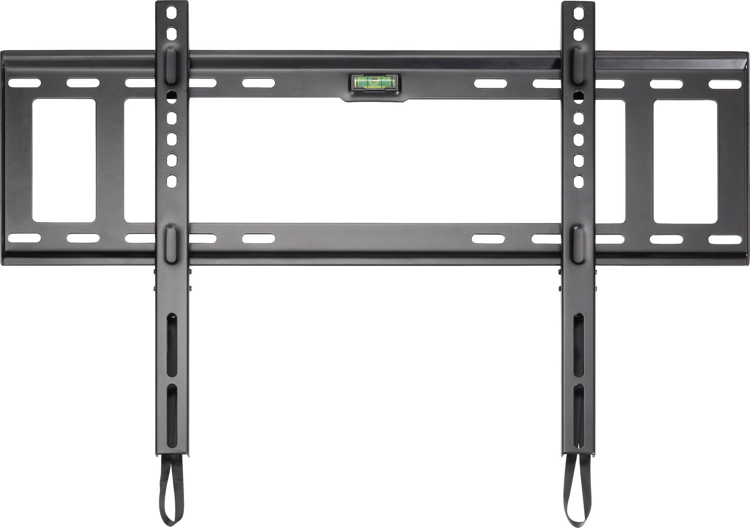 TV-Wandhalterung mit Wasserwaage oben zur einfachen Montage, geeignet für flache Bildschirme, schwarz, rechteckige Metallkonstruktion.