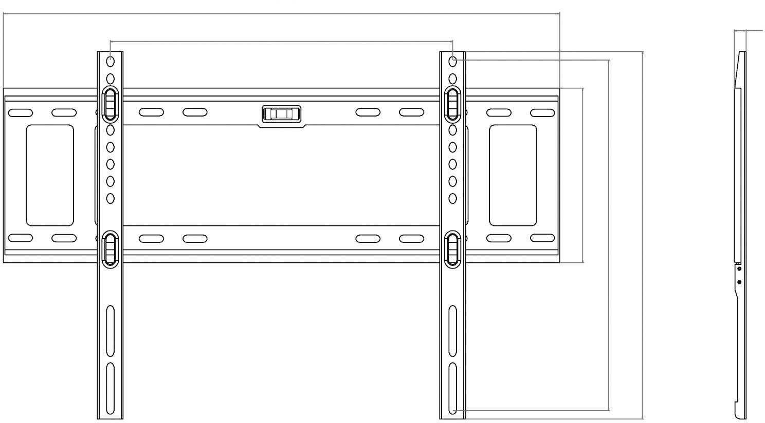 Diagramm einer TV-Wandhalterung mit verstellbaren Armen und Befestigungspunkten. Seitenansicht zeigt Profil der Halterung.