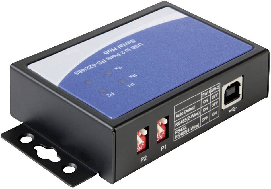 Schwarzer USB-zu-RS-232/422/485-Serieller Hub aus Metall mit blauem Schild, zeigt Umschalter und Anschlüsse an der Seite.