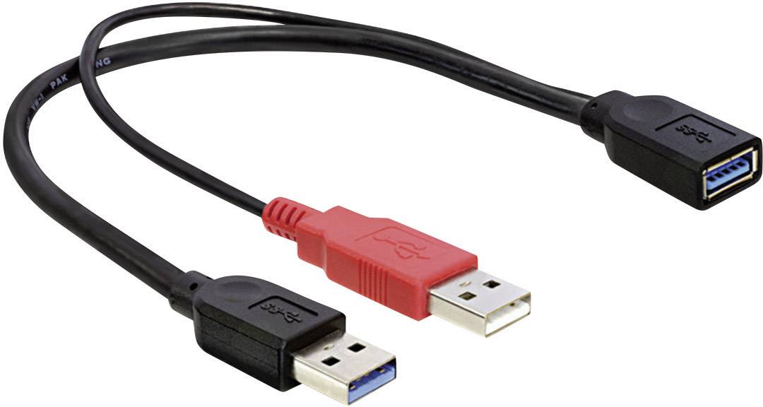 Zwei USB 3.0-Kabel, eines schwarz, eines rot, verbunden mit einem schwarzen Erweiterungsstecker.