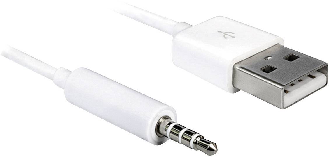 Weißes USB-zu-Audio-Kabel mit einem USB-Stecker auf der einen und einem 3,5-mm-Audiostecker auf der anderen Seite.