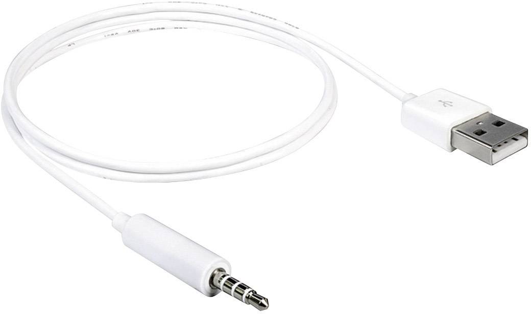Ein weißes Kabel mit einem USB-Stecker an einem Ende und einem 3,5-mm-Klinkenstecker am anderen Ende.