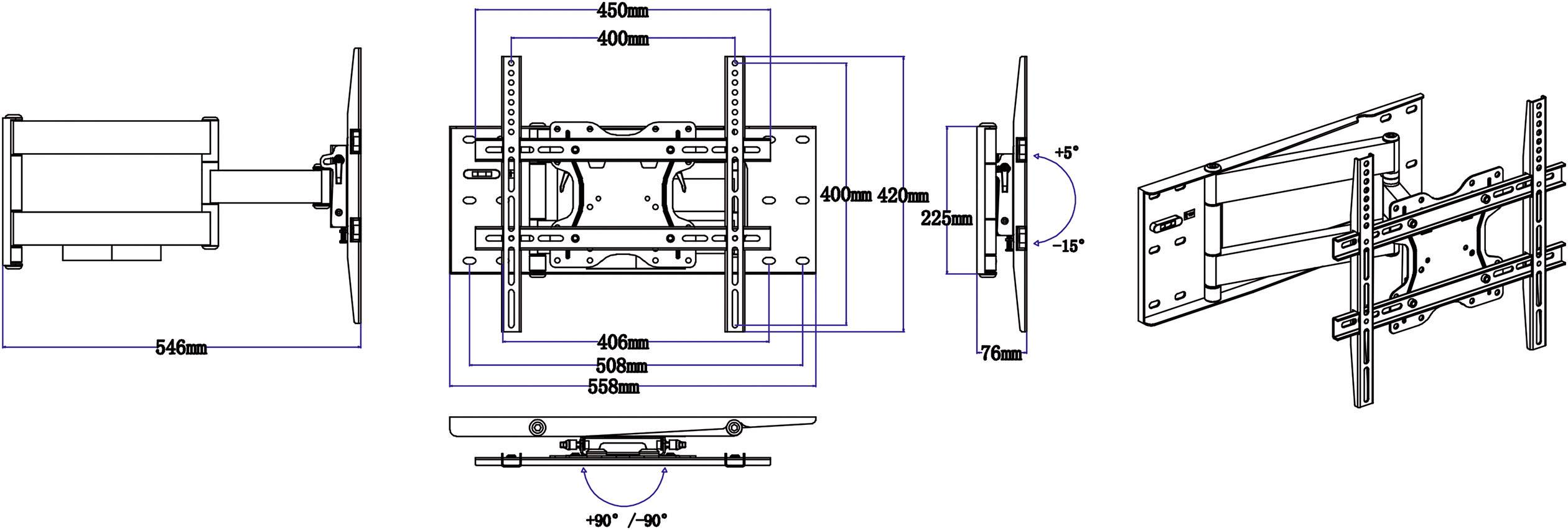 SpeaKa Professional TV-Wandhalterung Ausziehbar, Integrierte Wasserwaage 81,3cm (32") - 165,1cm (65") Neigbar+Schwenkbar