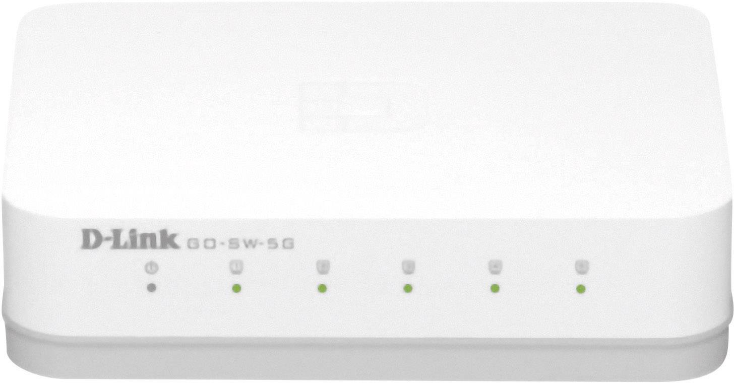 Weißer D-Link Netzwerk-Switch mit fünf Ethernet-Anschlüssen, LED-Anzeigen für Status und Aktivität.