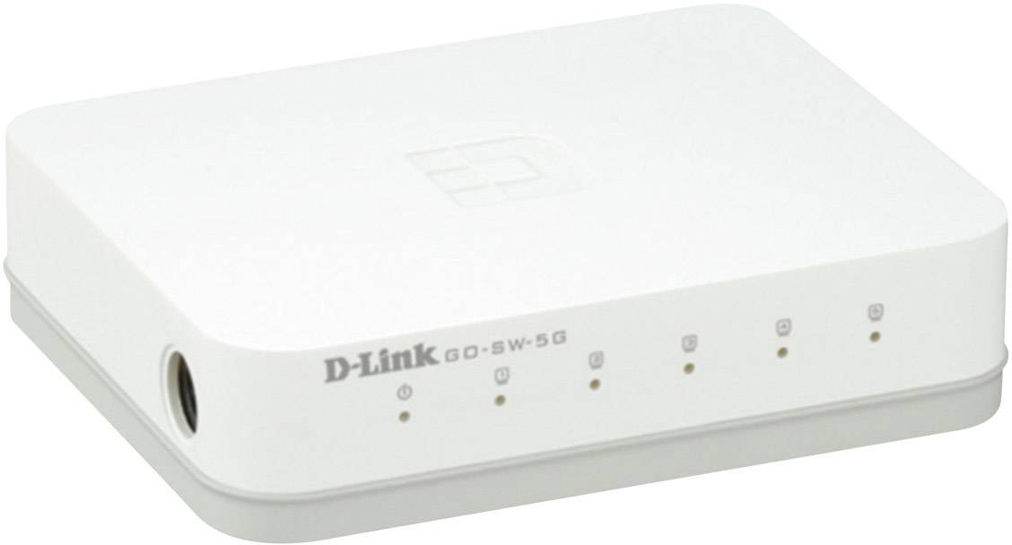 Ein weißer D-Link Netzwerk-Switch mit fünf Ethernet-Ports, geeignet zur Verbindung mehrerer Geräte in einem Heimnetzwerk.