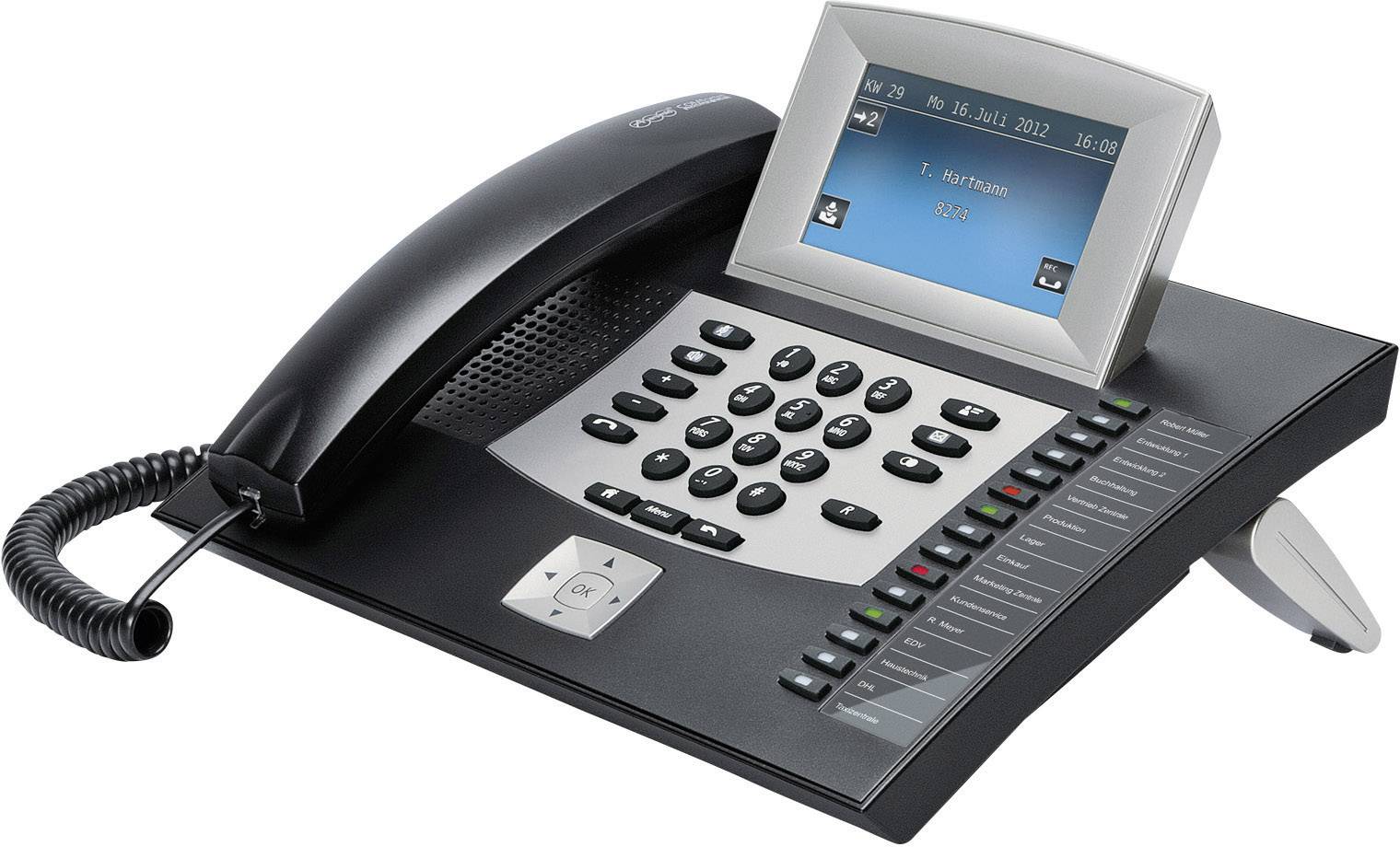 Ein modernes Tischtelefon mit Hörer, numerischer Tastatur und Display zeigt Datum und Uhrzeit. Ideal für Büroumgebungen.