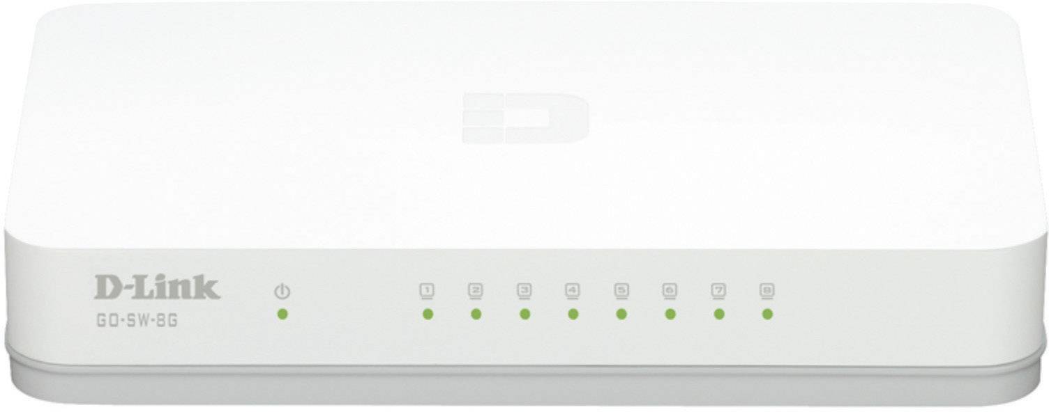 Ein weißer D-Link Netzwerk-Switch mit acht grünen LED-Anzeigen auf der Vorderseite zeigt Betriebsbereitschaft an.