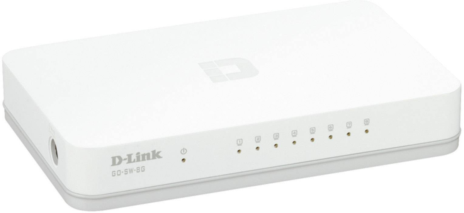 Ein weißer D-Link Netzwerk-Switch mit fünf Ethernet-Ports und LED-Anzeigen auf der Vorderseite zur Verbindungsanzeige.