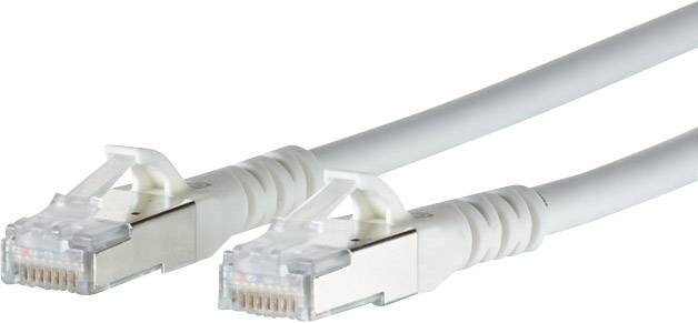 Zwei weiße Ethernet-Kabel mit RJ45-Steckern, nebeneinander liegend, vor einem weißen Hintergrund.