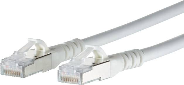 Zwei weiße Ethernet-Netzwerkkabel mit RJ45-Steckern nebeneinander liegend.