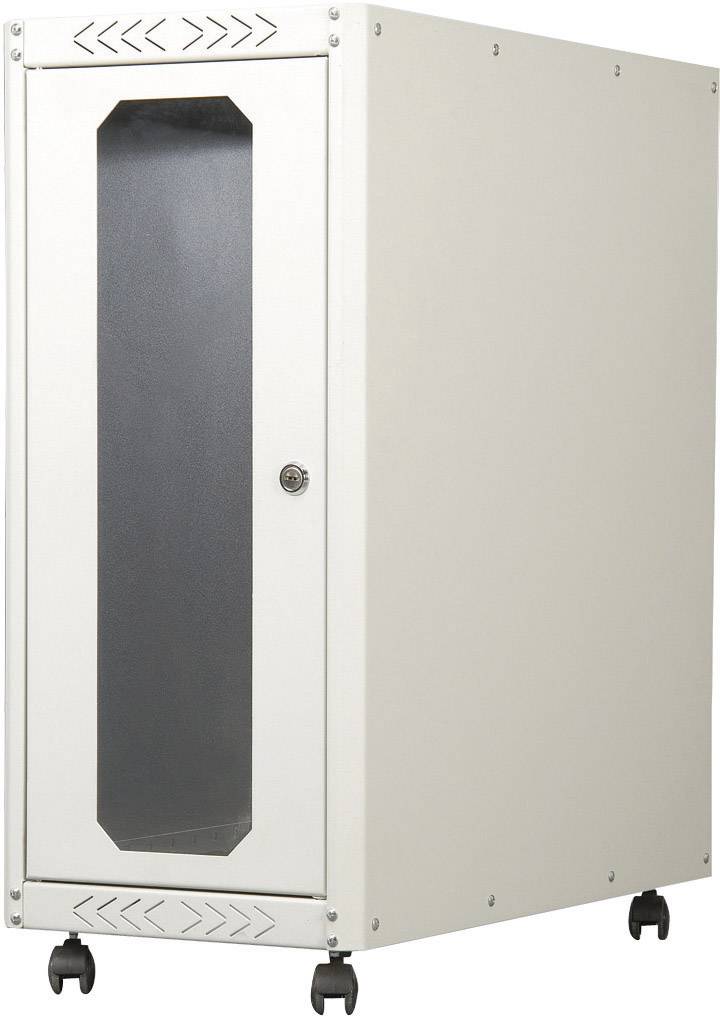 Ein weißer Metallschrank mit Glaseinsatz in der Tür, auf Rollen montiert.