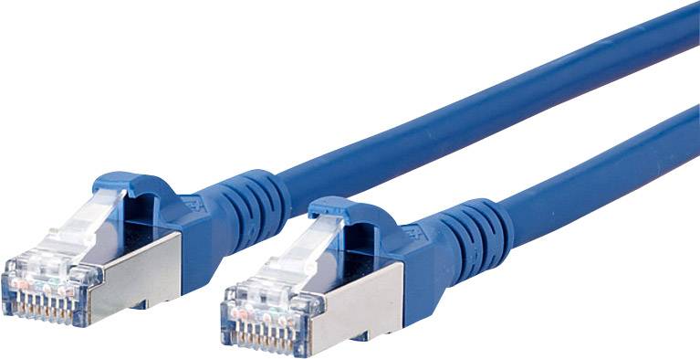 Zwei blaue Ethernet-Kabel mit RJ45-Steckern zeigen beide Enden der Stecker. Sie sind für Netzwerkverbindungen geeignet.