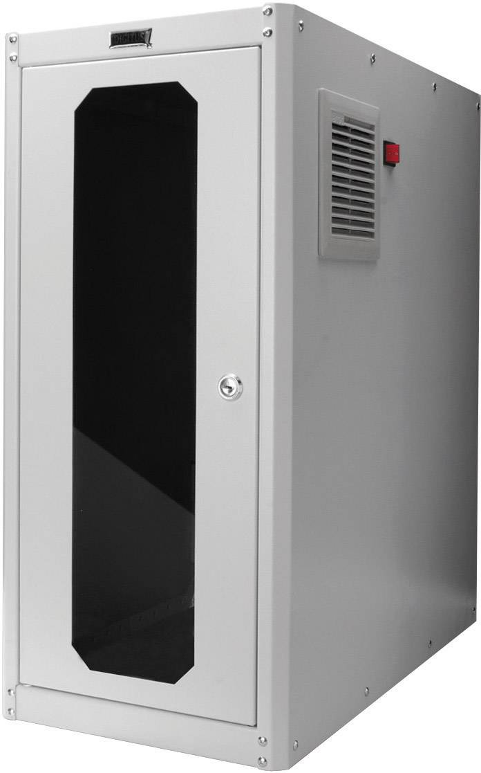 Ein grauer Netzwerkschrank mit einem abschließbaren Türgriff und einer Lüftungsöffnung an der Seite.