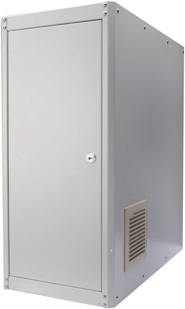 Metallischer Schrank, geschlossen, mit Lüftungsgitter an der Seite.